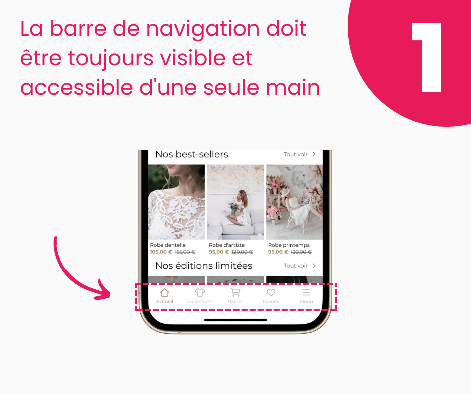 Une barre de navigation toujours visible et accessible en 1 seul « tap »