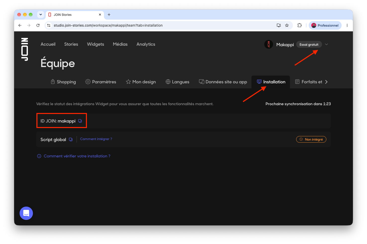 JOIN Installation tab with the JOIN ID highlighted and its copy button