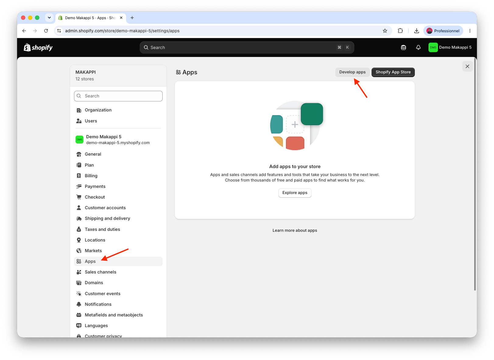 Page de développement d'applications dans l'administration Shopify