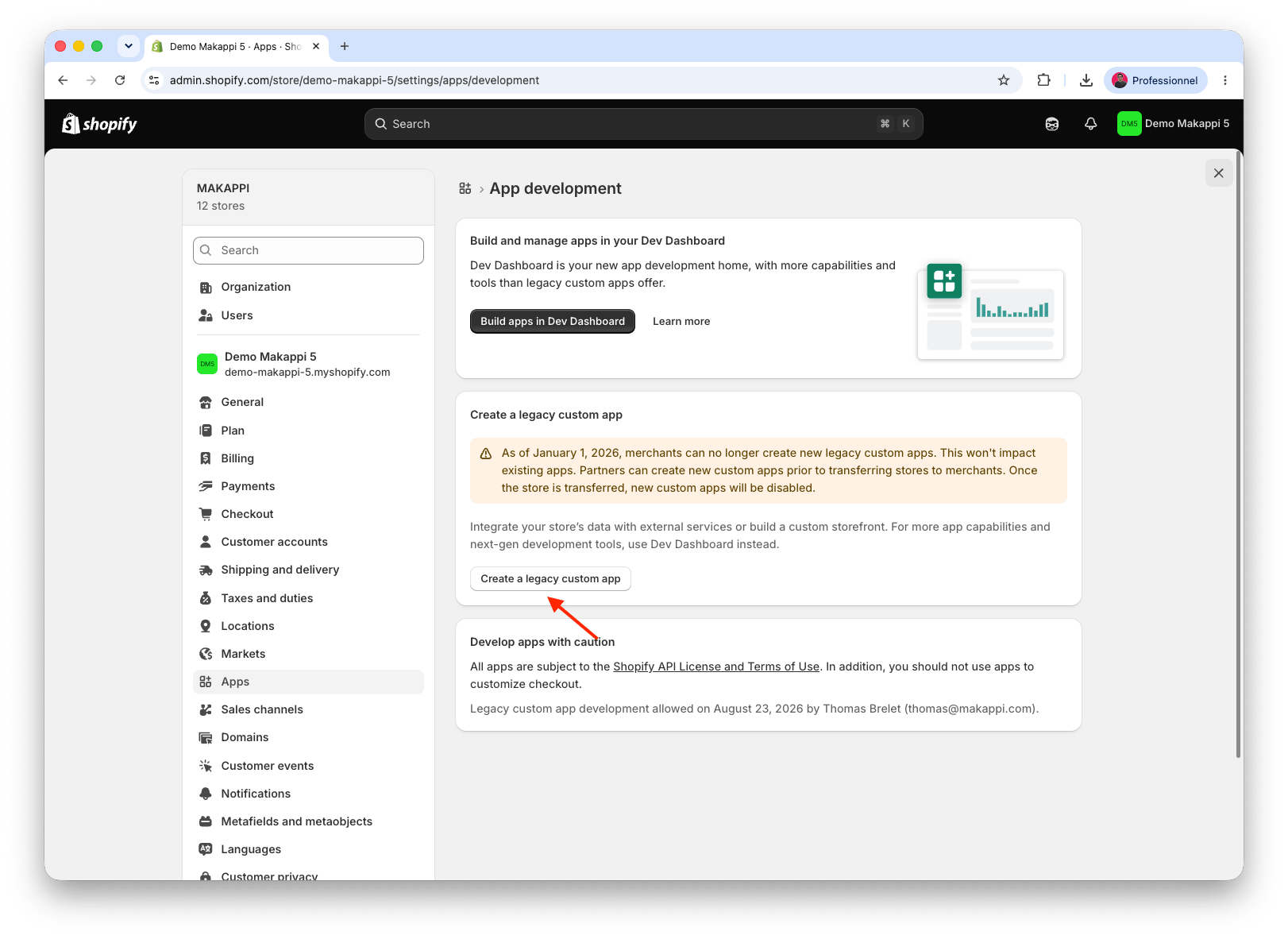 Bouton de création d'une application personnalisée héritée