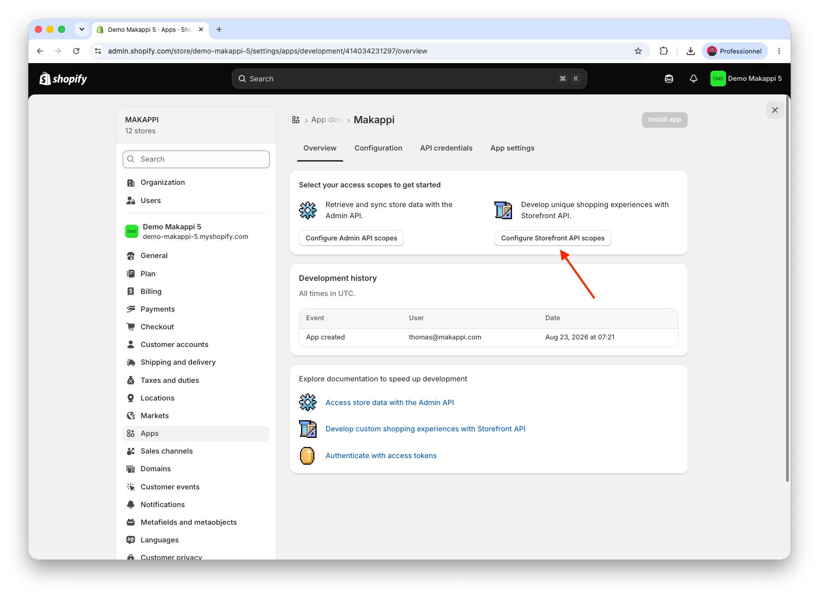 Bouton de configuration des autorisations de l'API Storefront