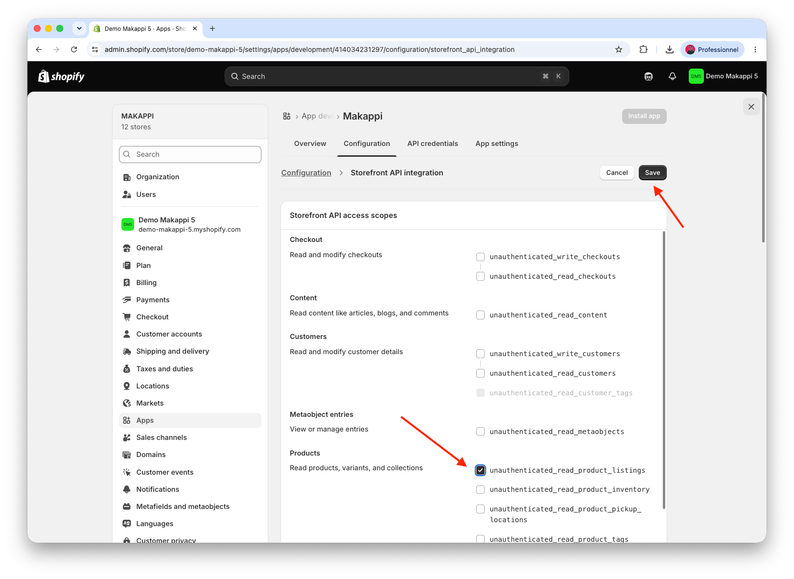 Autorisation de lecture des fiches produits de l'API Storefront
