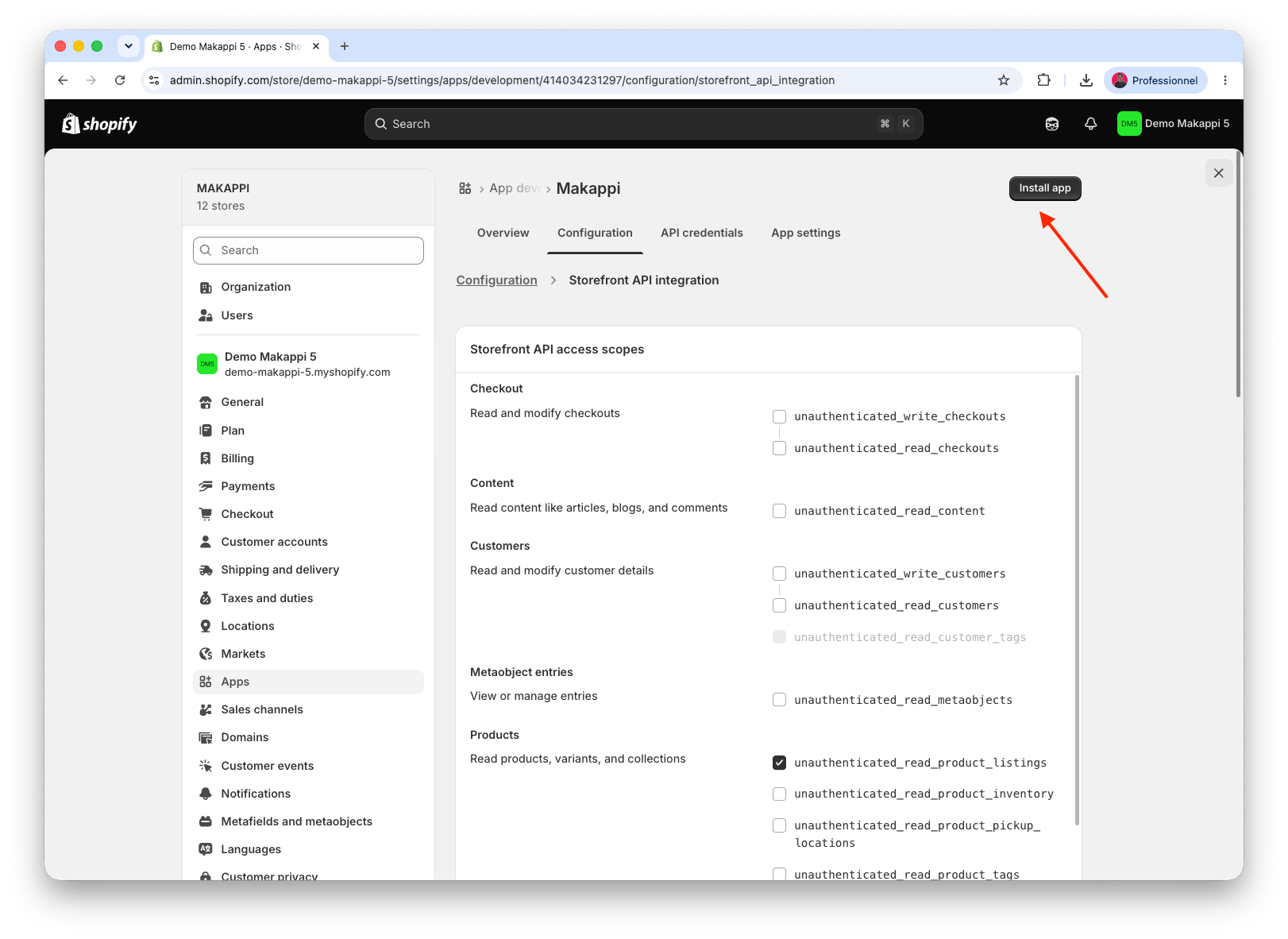 Bouton d'installation de l'application dans Shopify