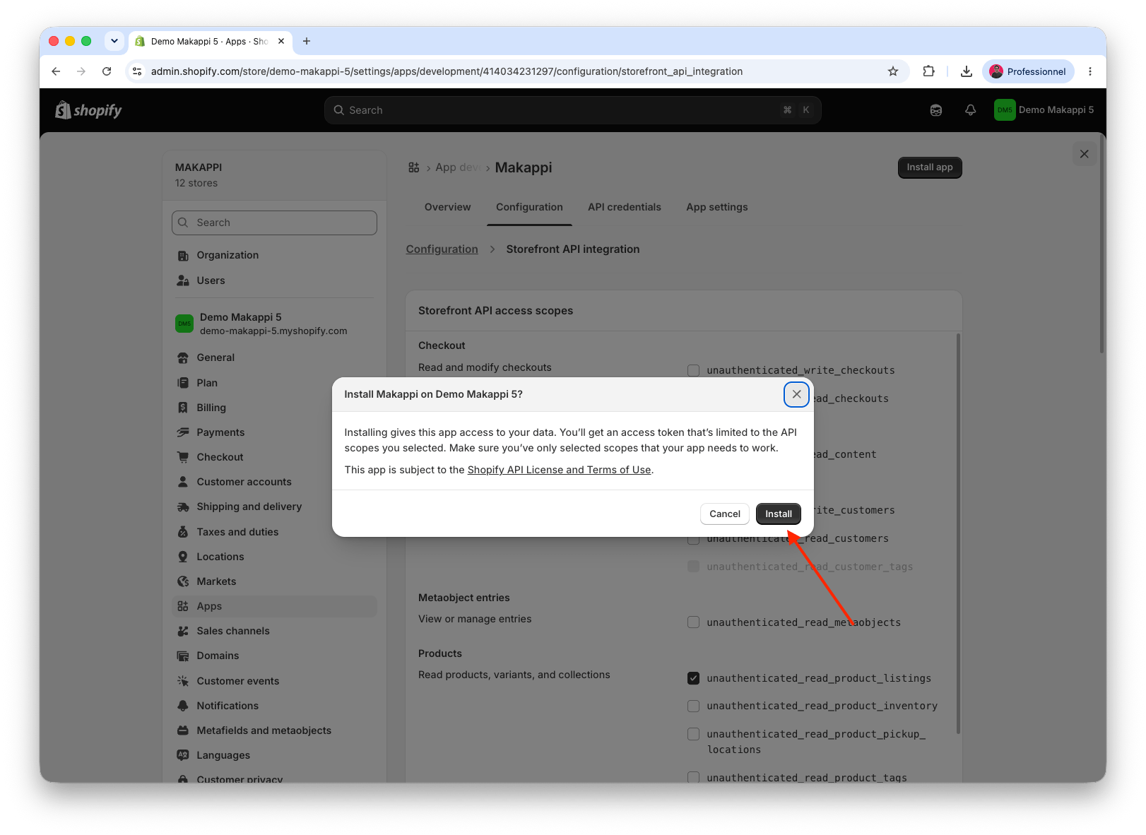 Confirmation de l'installation de l'application Shopify