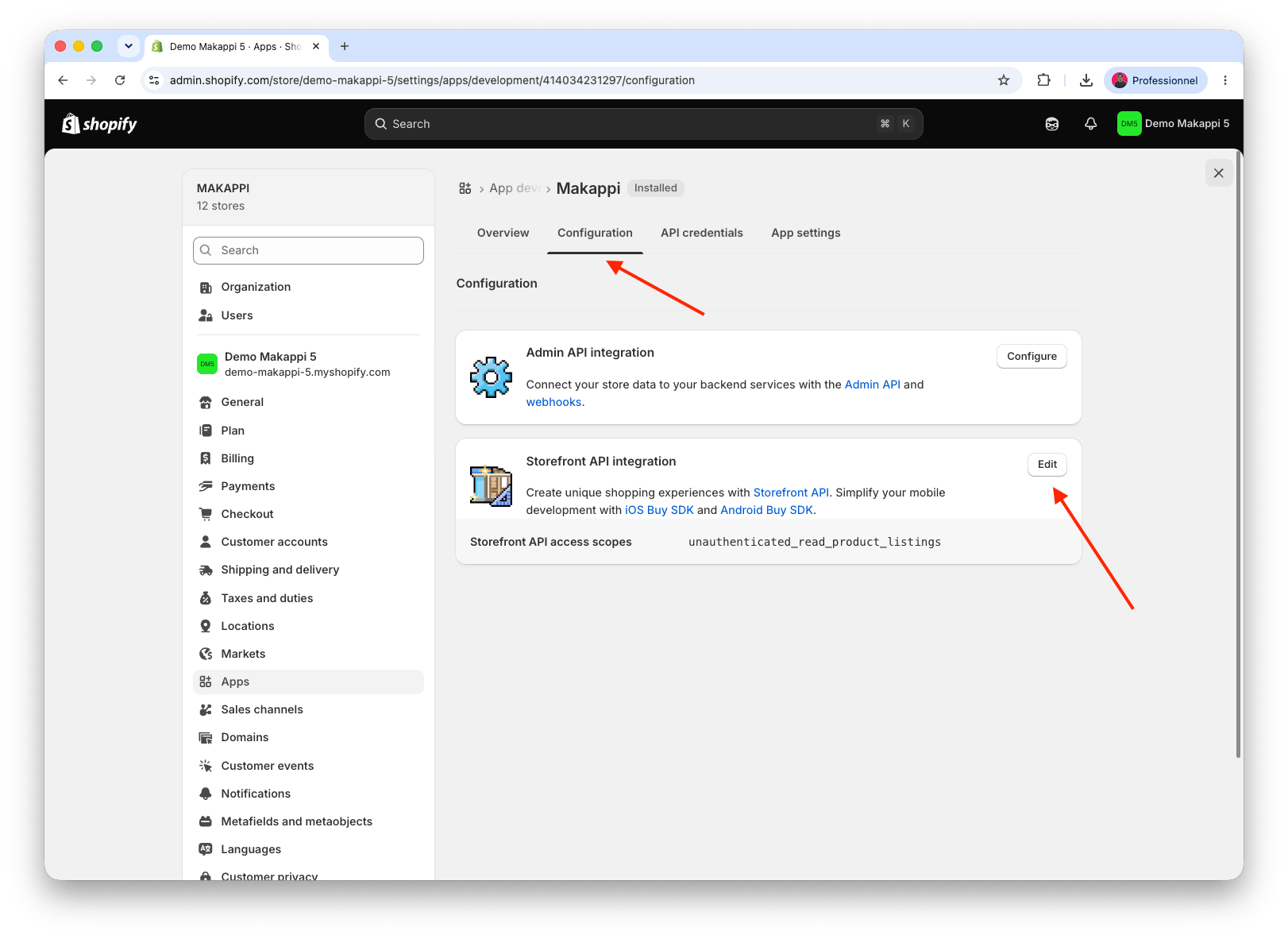 Bouton de modification de l'intégration de l'API Storefront