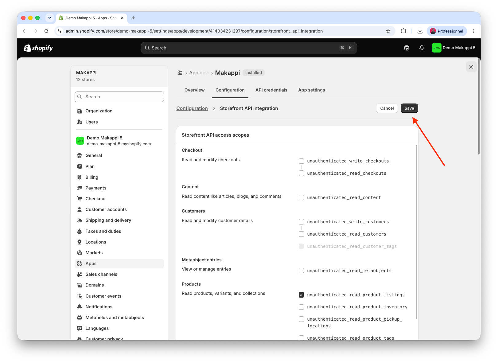 Enregistrement de la configuration de l'API Storefront